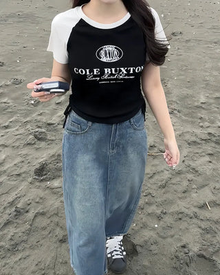 String lettering raglan short-sleeved T-shirt