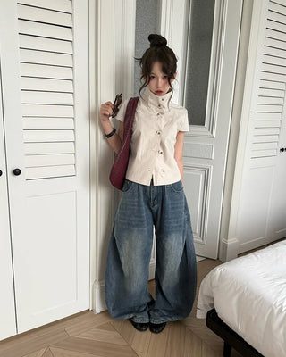 Cap-sleeve button-up high-neck blouse
