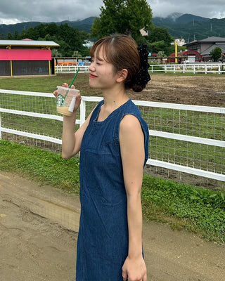 Back-slit denim long dress