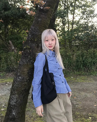 Checked gathered crop shirt