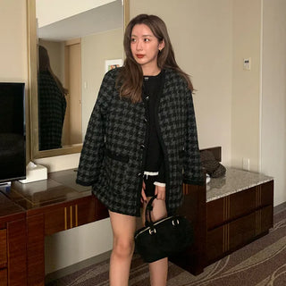 Houndstooth check V-neck jacket