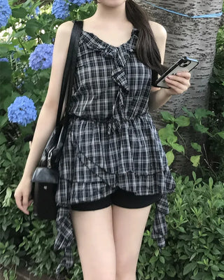 V-neck checkered ruffle camisole