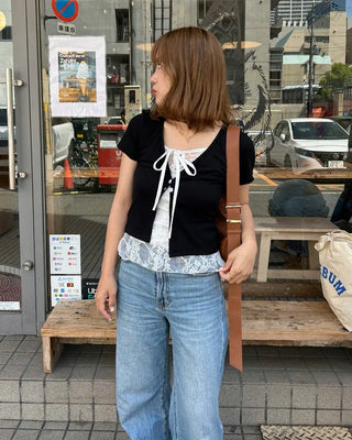 Lace-layered short-sleeved cardigan