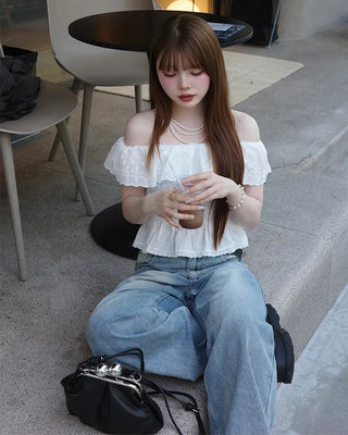 Washed wide-leg denim pants