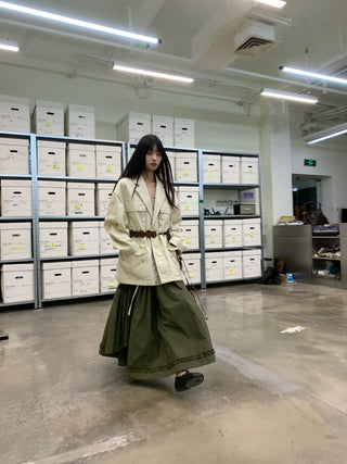 [NEVERSEEZ] Asymmetric Pocket A-Line Pleated Skirt