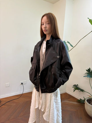 [NeverSeez] Stand Collar Asymmetrical PU Leather Jacket