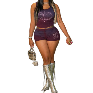 U neck contrast cross print short pant set