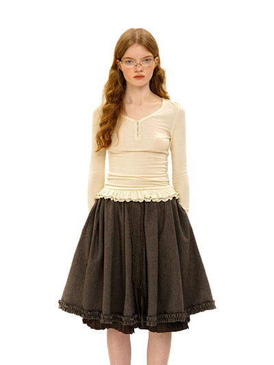 [Moromoro2] Wool Blend Check Layered Ruffle  Skirt