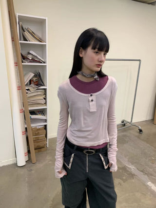 [NEVERSEEZ] Lyocell Wool Blend Henley Long Sleeve Tee