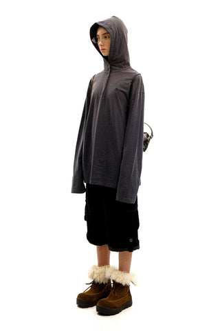[Moromoro2] Striped Henry Collar Hooded Long Sleeve  Tee