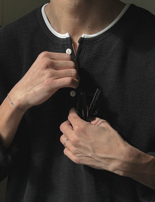 Layered Slub Henley Neck Long Sleeve Tee (3 colors, M~L)