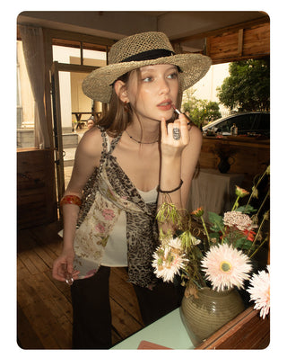 [NECY] Floral Leopard Layer Halter Camisole Top