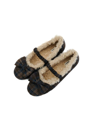 [Moromoro2] Plaid Bow Fur-Lined Ballet  Flats