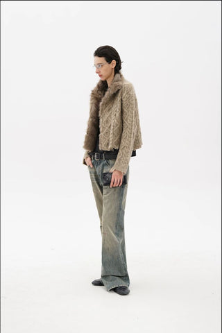 [MASONPRINCE] Cable Knit Fur Collar Wool Blend Cardigan