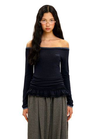 [Moromoro2] Off-Shoulder Ruffle Hem Long Sleeve  Top