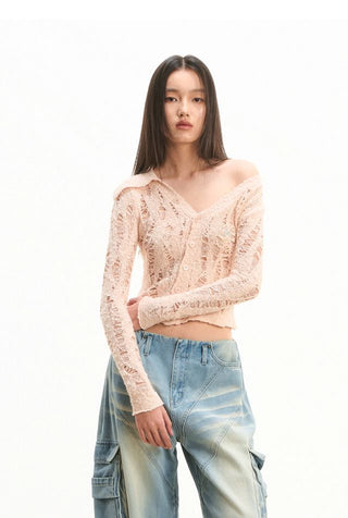 [NOTAWEAR] Asymmetric Off-shoulder Hollow  Cardigan