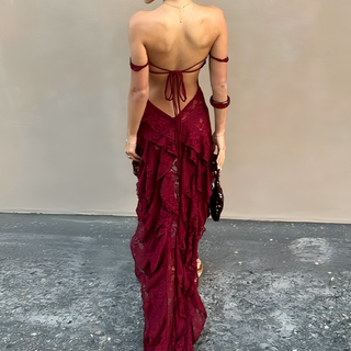 Lace ruffle irregular backless cami maxi dress