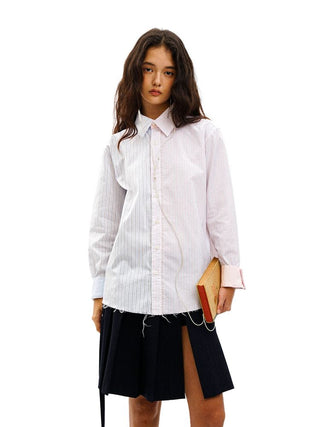 [Moromoro2] Fine Stripe Raw Edge Shell Button  Shirt