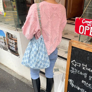 Checked denim chain bag