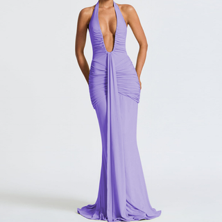Deep v neck ruched backless maxi dress