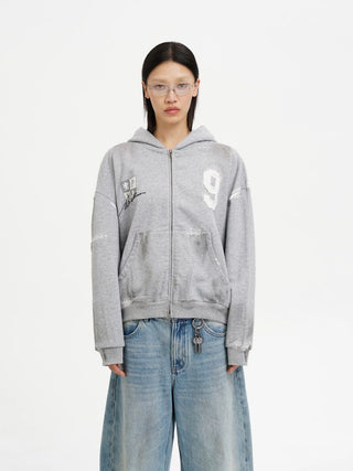 [MASONPRINCE] Boxy Fit Distressed Patch Zip-Up Hoodie