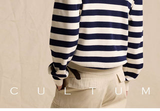[CULTUM] Cotton Striped Open Collar Knit Sweater