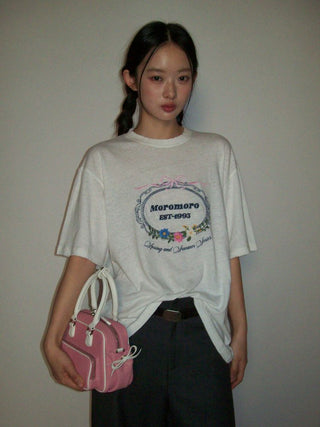 [Moromoro2] Bow Embroidery Flower Washed Cotton  Tee
