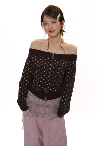 [Moromoro2] Distressed Star Print Off-Shoulder  Sweatshirt