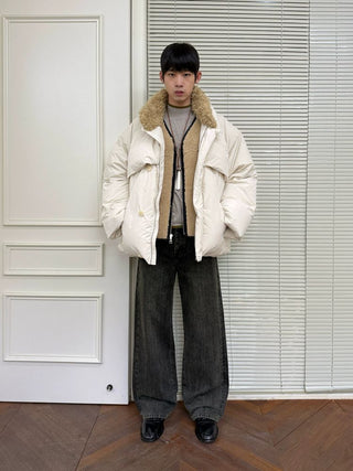 [NEVERSEEZ] Spliced Detachable Fur Collar Down Jacket