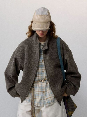 [Monterest] Wool Blend Stand Collar Harrington Jacket