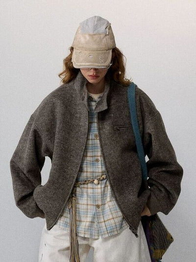 [Monterest] Wool Blend Stand Collar Harrington Jacket