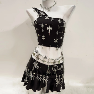 One shoulder cross applique backless top