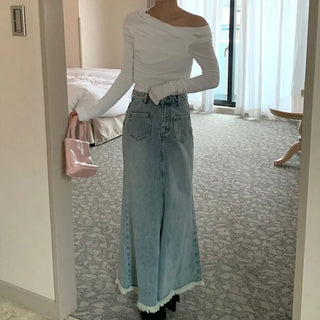 Shirred Asymmetrical Off-Shoulder Long T-Shirt
