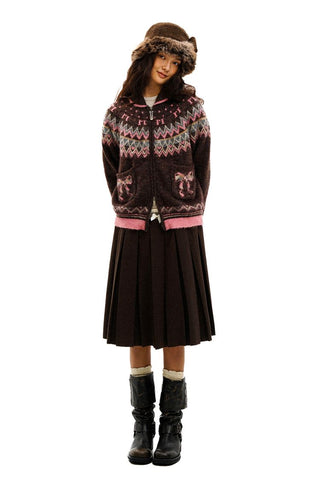 [Moromoro2] Fair Isle Bow Pocket Retro Collar  Cardigan