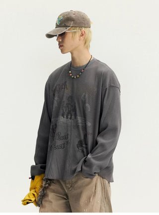 [Monterest] Waffle Weave Washed Print Long Sleeve Tee