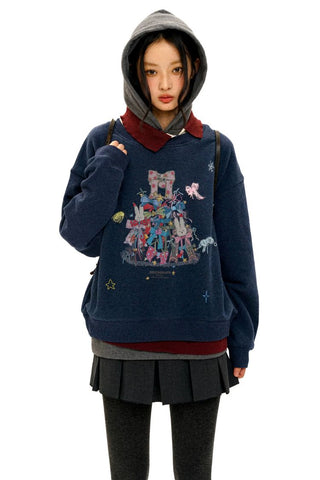 [Moromoro2] Bow Print Layered Hooded  Sweatshirt