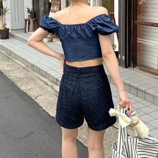 Denim puff blouse