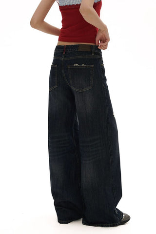 [Moromoro2] Washed Cat Whisker Distressed Wide Leg  Jeans