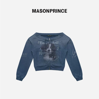 [MASONPRINCE] Off-Shoulder Cropped Zip-Up Cardigan