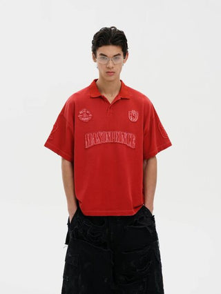 [MASONPRINCE] Equestrian Patch Distressed Polo Shirt