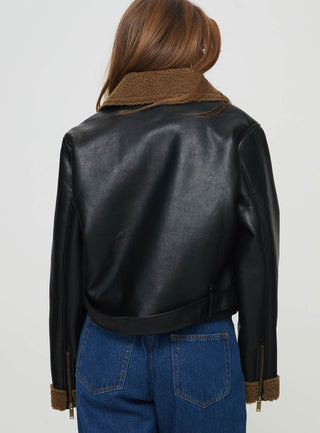 Shearling Trim Faux Leather Jacket Black