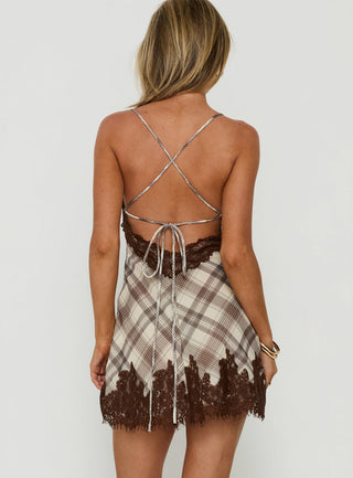 Call My Lover Lace Slip Mini Dress Brown Check