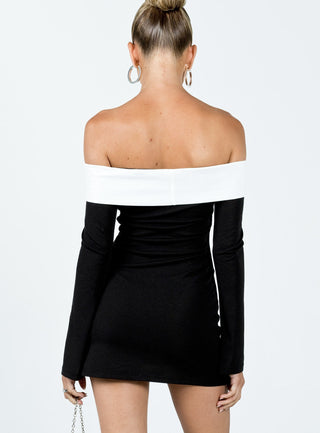Anya Long Sleeve Off Shoulder Mini Dress Black  White