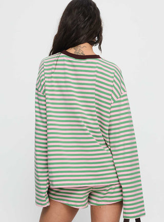 Settle Down Long Sleeve Top Green  Pink Stripe