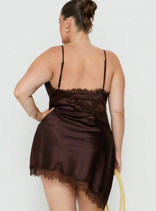 Raines Asymmetrical Lace Mini Dress Brown Curve