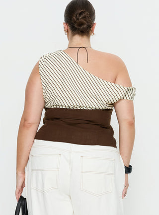 Past Life One Shoulder Top Brown  Stripe Curve
