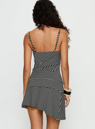 Laurela Asymmetrical Mini Dress Black  White Stripe