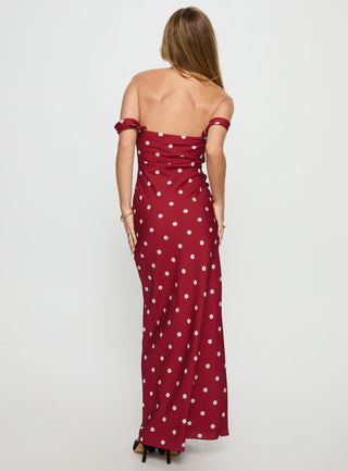End Credits Off Shoulder Pleat Maxi Dress Red  Polka Dot