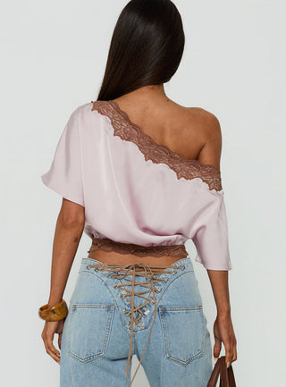 Full Send Off Shoulder Lace Trim Top Pink / Brown