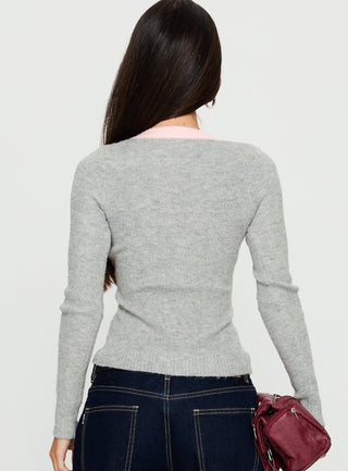 Vanita V Neck Long Sleeve Top Grey  Pink